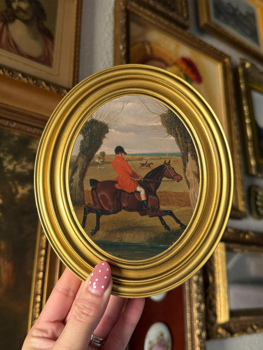 Vintage Style Horse &amp; Jockey Art Print Framed Oval